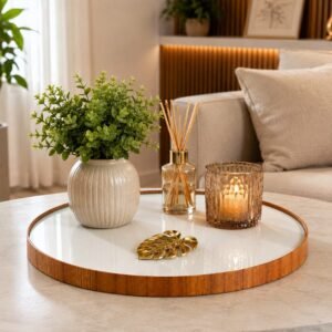 Prato Giratório Branco gourmet com borda cinamomo Bandeja Giratório decorativa para mesa – ALV.