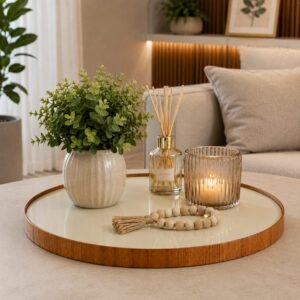 Prato Giratório Off White gourmet com borda cinamomo Bandeja Giratório decorativa para mesa – ALV.
